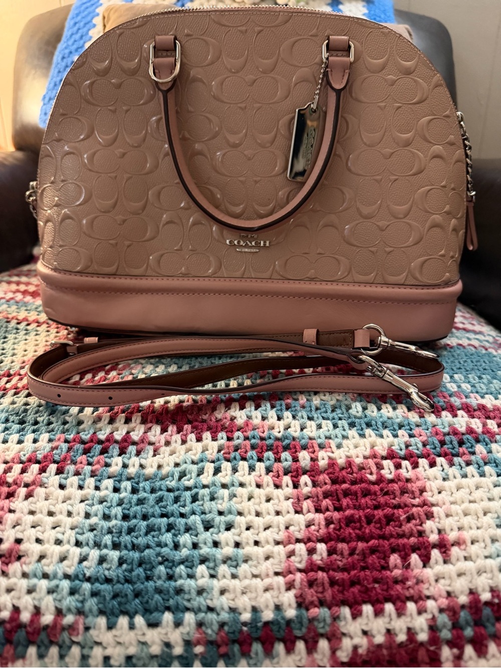 Coach Mauve Taupe Embossed Dome Satchel with Crossbody Strap